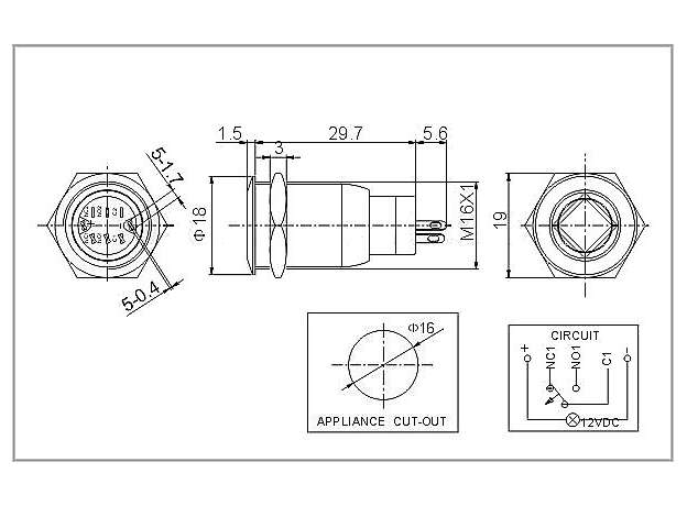 Pushbutton metalico con LED rojo 16mm