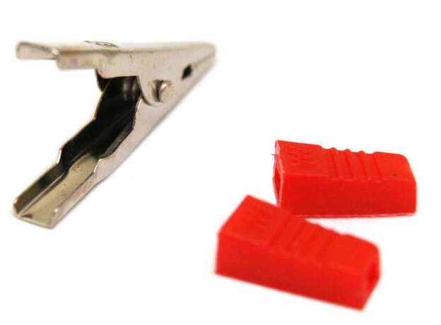 Vista frontal. Caimán para conector banana rojo